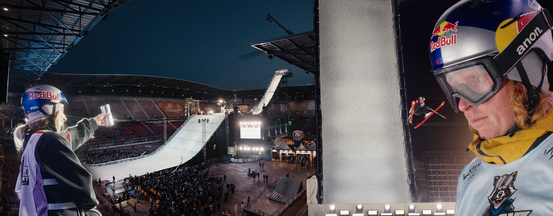 Big Air Klagenfurt Mashup mit Clemens Millauer und Anna Gasser im Hintergrund das Wörthersee-Stadion